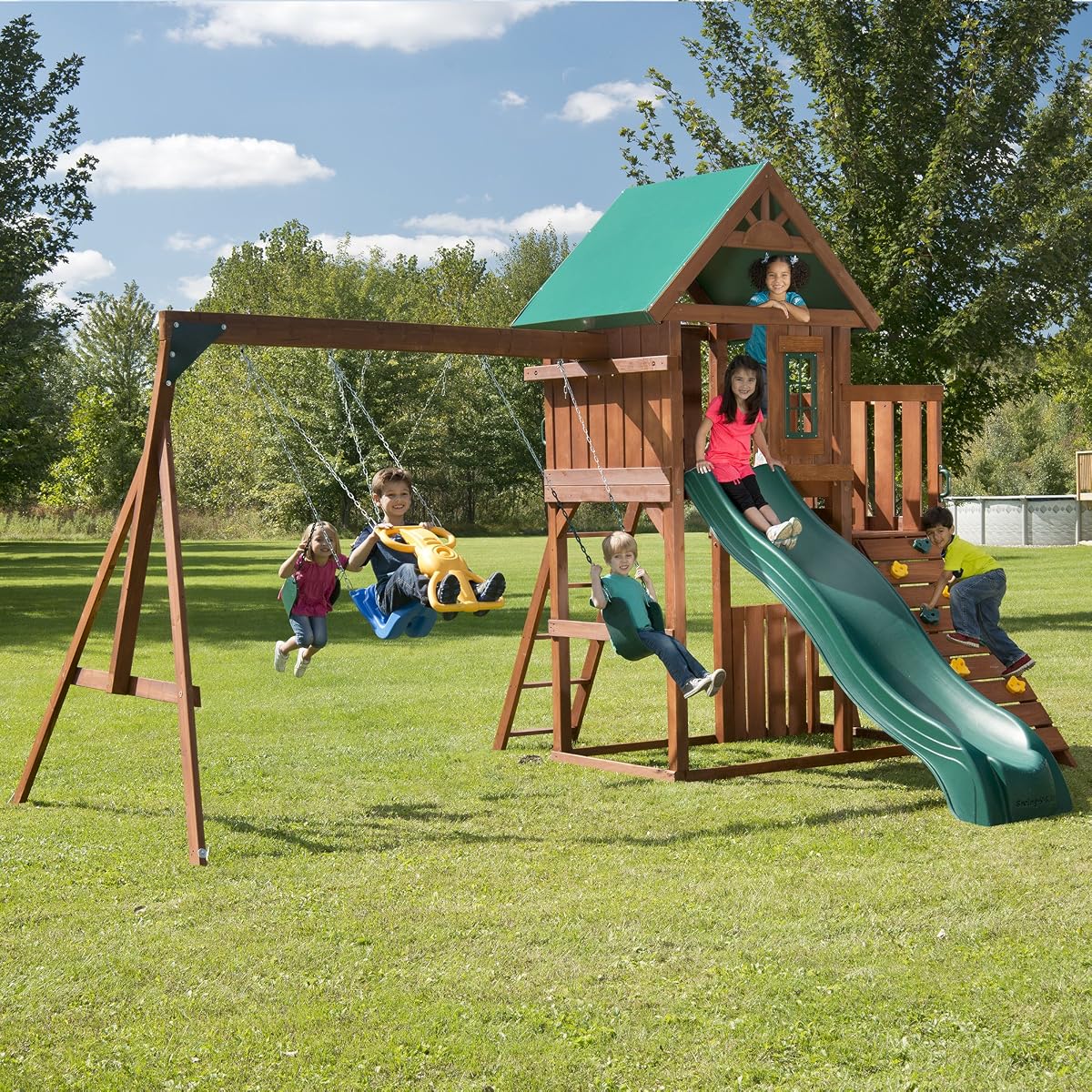 Alpine View Wooden Swing Set with with Vinyl Canopy