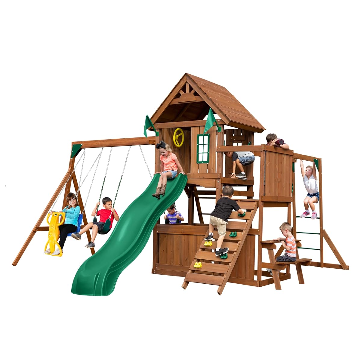 Caribou Valley Wooden Swing Set with Wood Roof