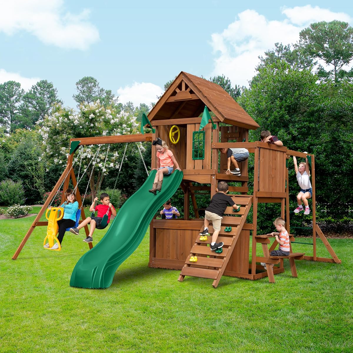 Caribou Valley Wooden Swing Set with Wood Roof