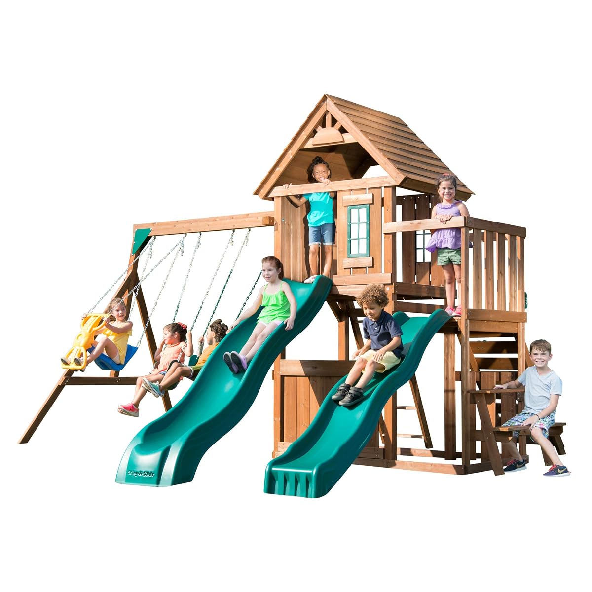 Lookout Mountain Wooden Swing Set with Two Slides