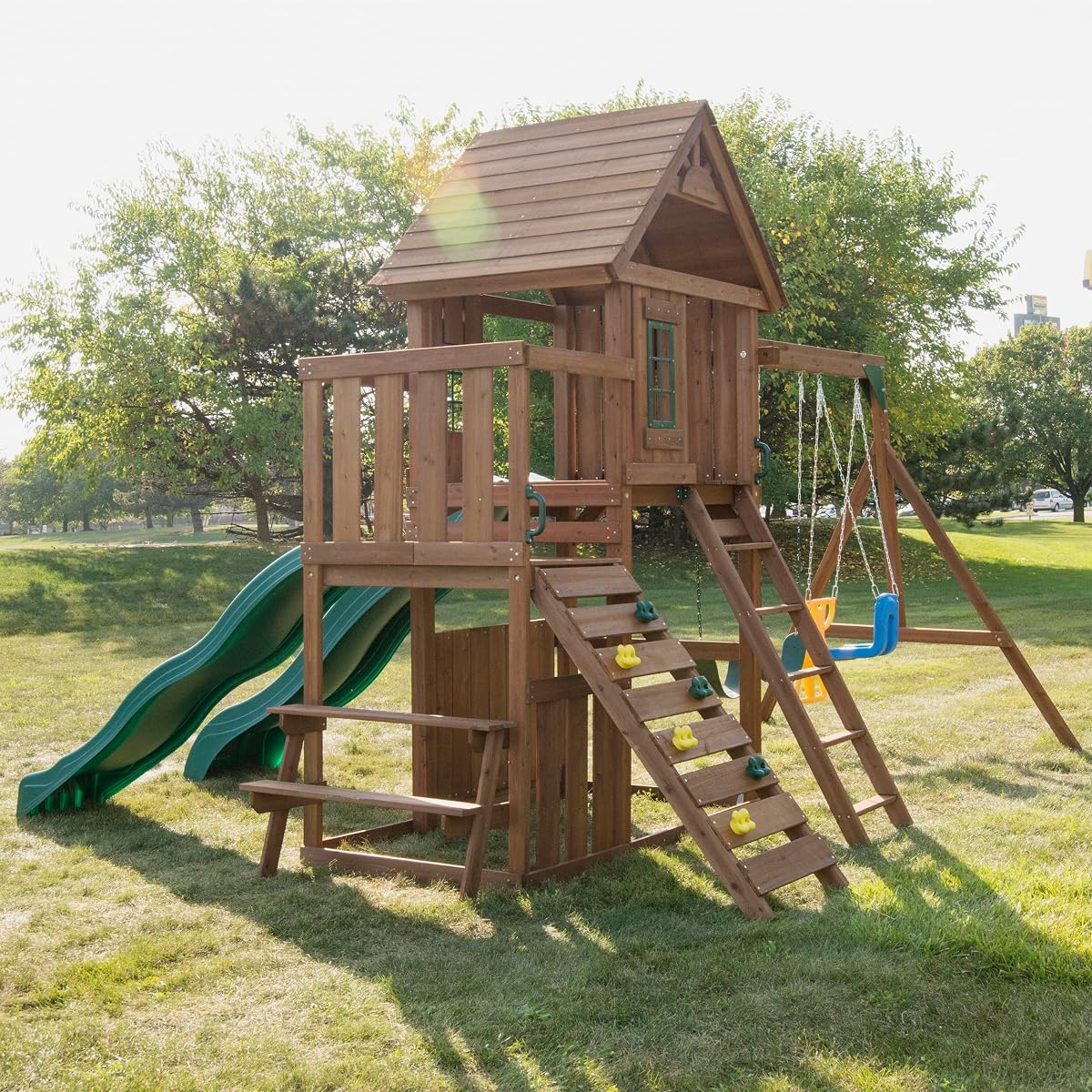 Lookout Mountain Wooden Swing Set with Two Slides
